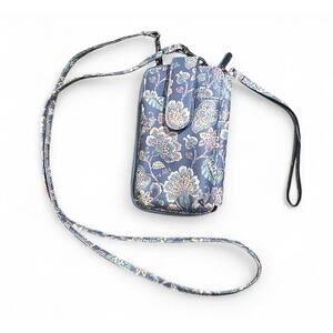 Guang Tong Faux Leather Blue Floral Print Crossbody Shoulder Wallet Wristlet